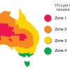 A map of Australia showing the four solar rebate zones and the number of STCs received per kilowatt for each remaining year of the solar rebate.