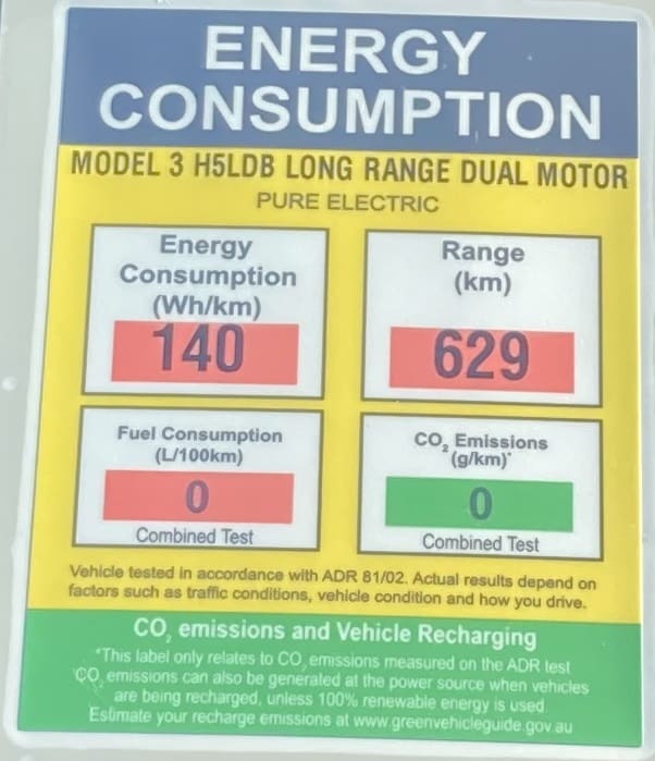 Tesla Model 3 Long Range windscreen fuel efficiency label.