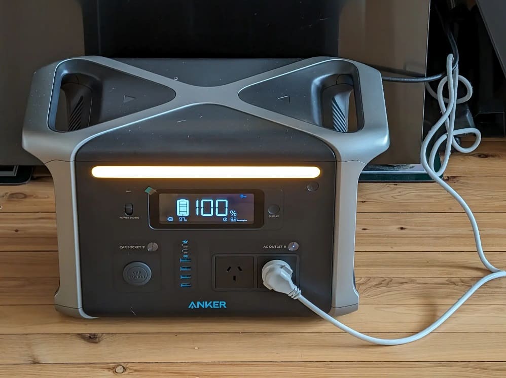 The Anker 757 PowerHouse portable power station unboxed and plugged in.