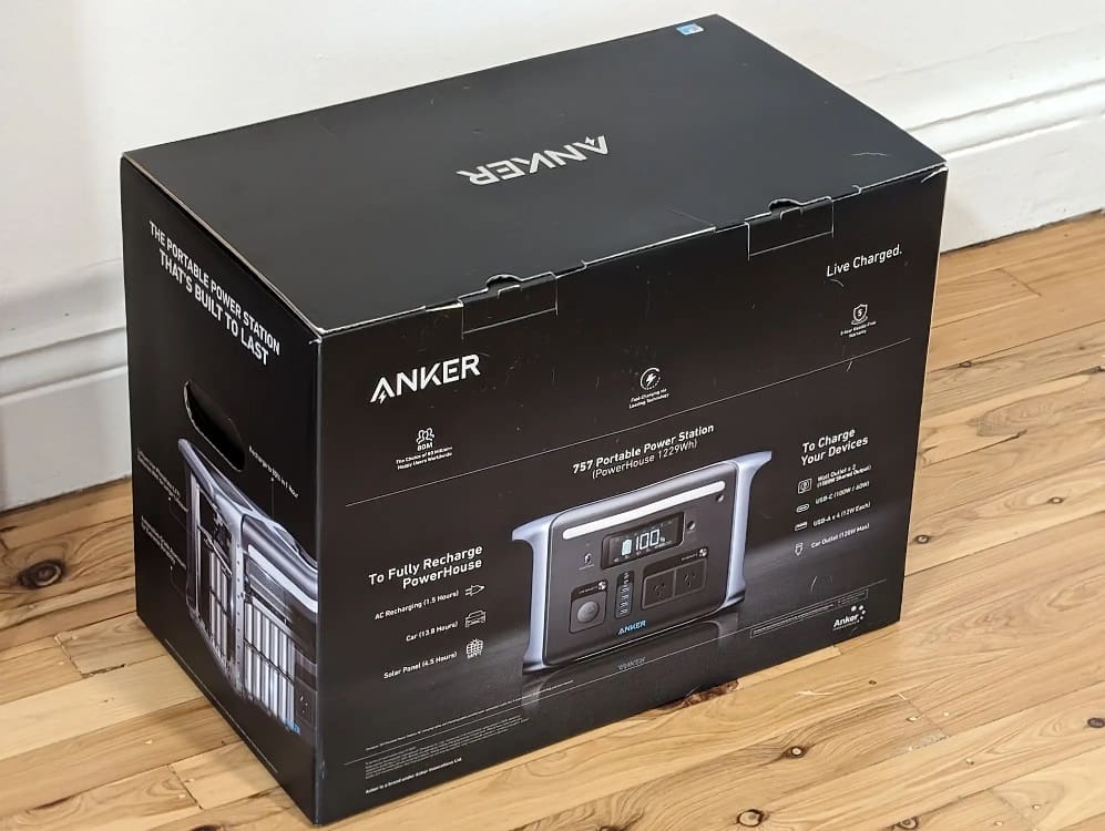 The Anker 757 PowerHouse portable power station in its box.