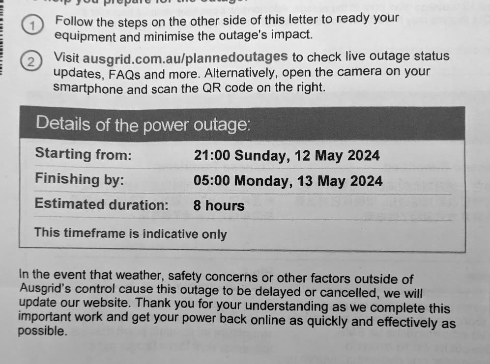 A letter from Ausgrid announces a power outage.