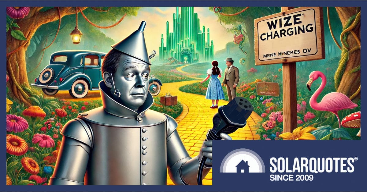 Tin Man peering at an EV charger lead