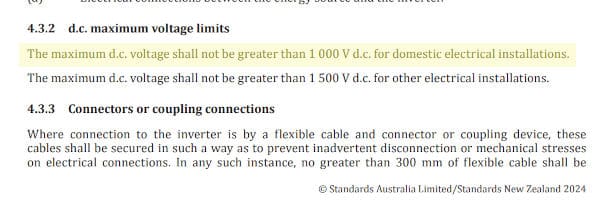 AS/NZS 4777.1 clause 4.3.2 d.c. maximum voltage