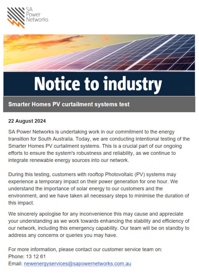 SAPN notice to industry about curtailment