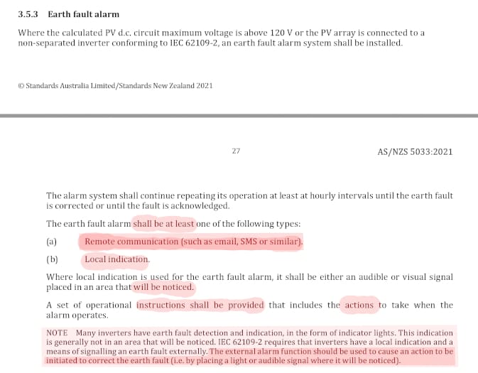 AS5033:2021 3.5.3 earth fault alarms