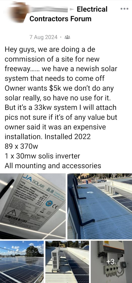 Advert for a used solar power system