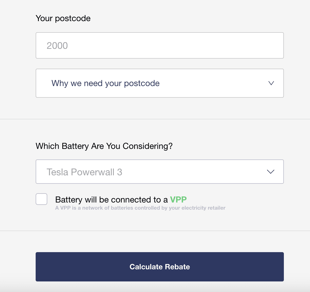 Screenshot of our battery rebate calculator