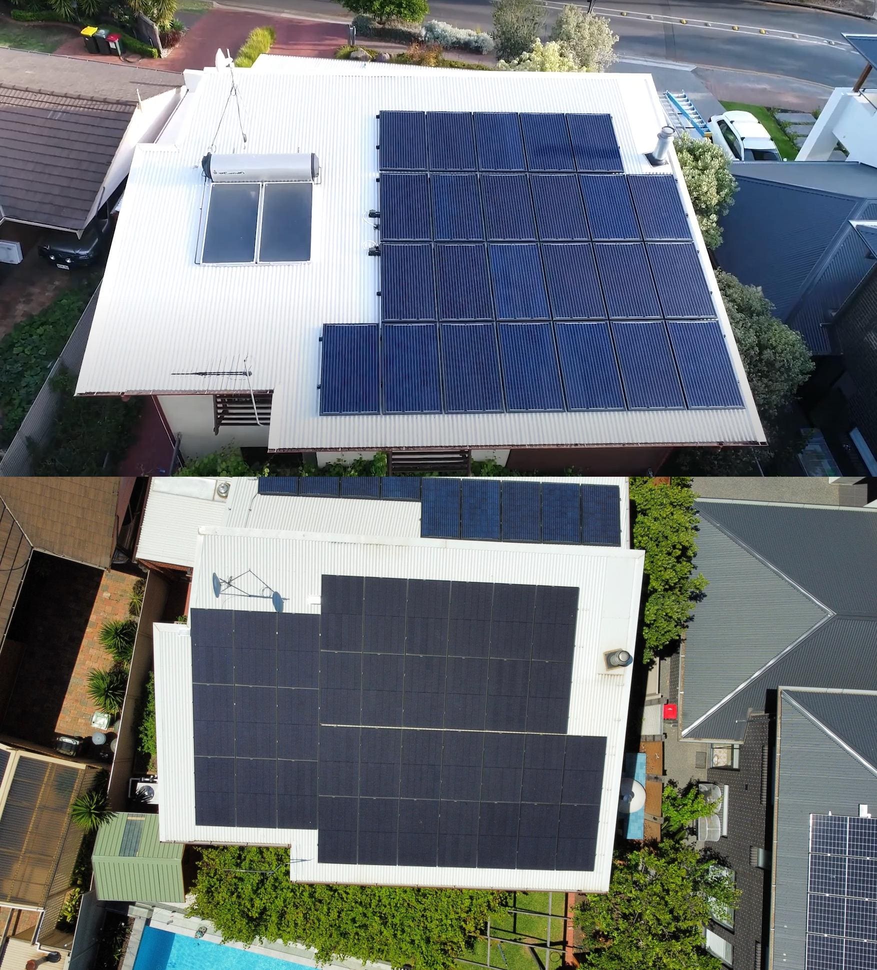 Two roofs covered in solar panels