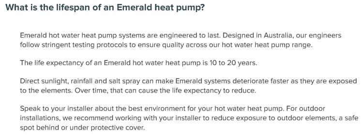 Emerald heat pump FAQ response