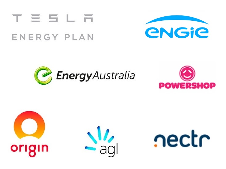 Tesla Energy Plan, Engie, Energy Australia, Powershop, Origin, AGL, and Nectr logos.