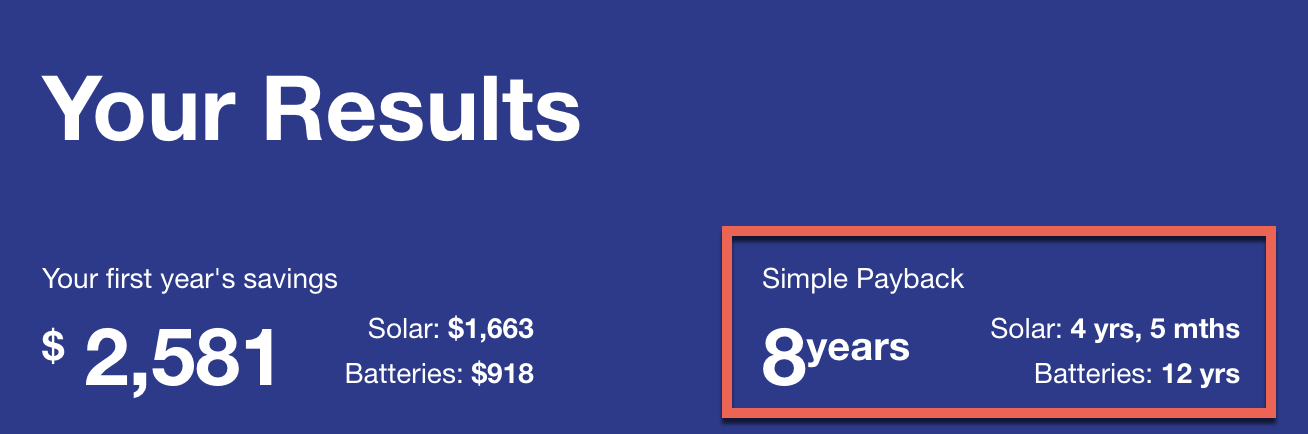 The results page of the SolarQuotes solar and battery calculator