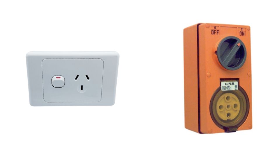 A 10A wall-plated socket compared to an industrial-grade 32A socket.