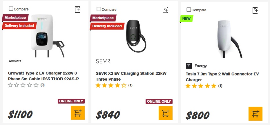 A screenshot of Bunnings' online marketplace showing the difference between the EV chargers they sell, and the chargers sold by their Trusted Sellers.