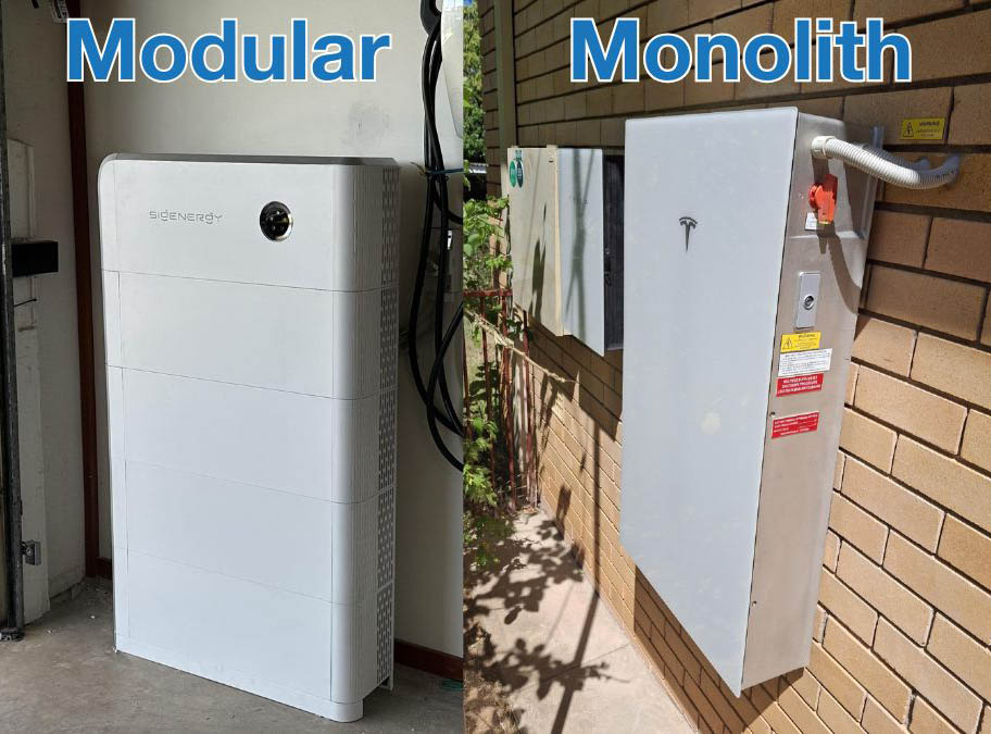 A modular battery system like the SigenStor compared to a monolith battery like the Tesla Powerwall