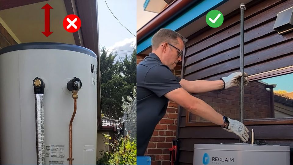 Comparing bad clearance vs. good clearance for sacrificial anode replacement on a split hot water heat pump.