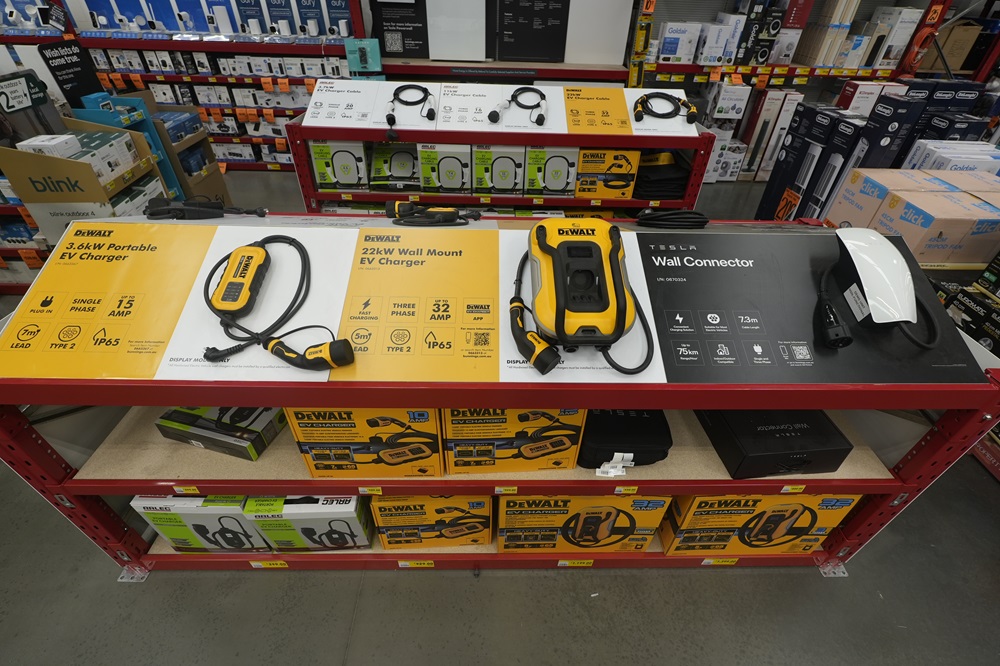 Bunnings has two different wall mounted EV chargers on display.