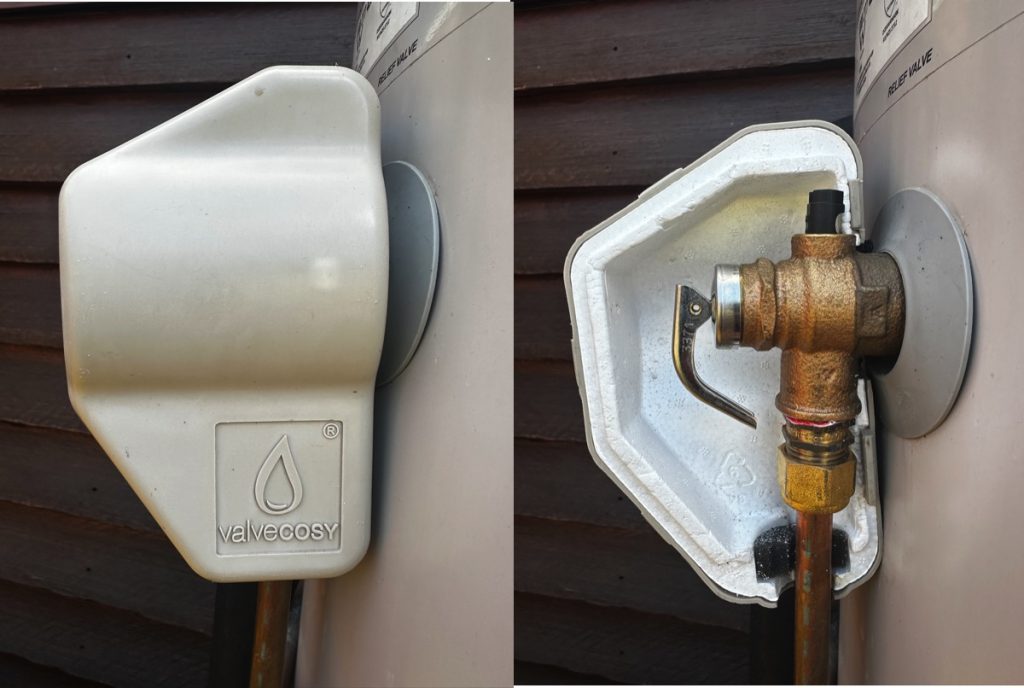 A Valvecosy maximally insulates the valve and fitting on a hot water heat pump.