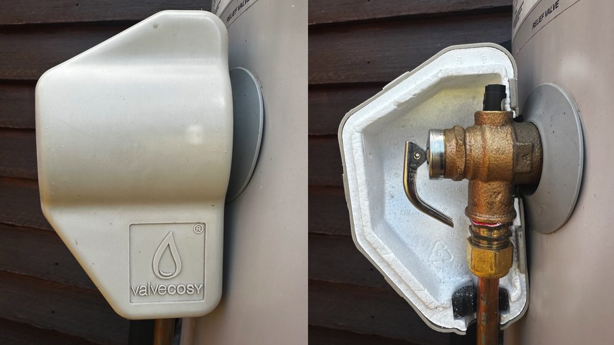 A Valvecosy maximally insulates the valve and fitting on a hot water heat pump.